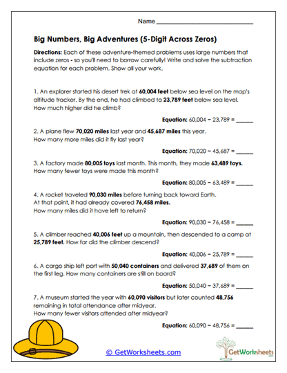 Five-Digit Zero Problems Worksheet