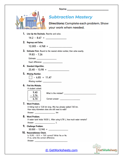 Subtraction Mastery Worksheet