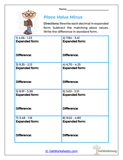 Place Value Minus Worksheet
