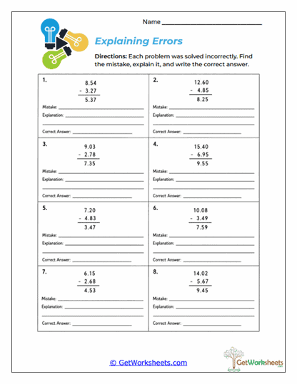 Explaining Errors Worksheet