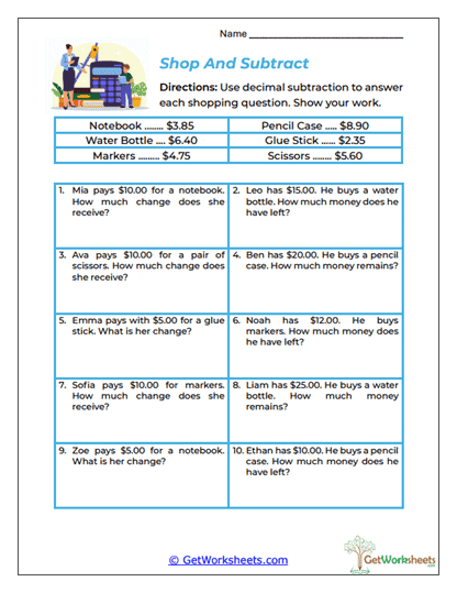Shop and Subtract Worksheet