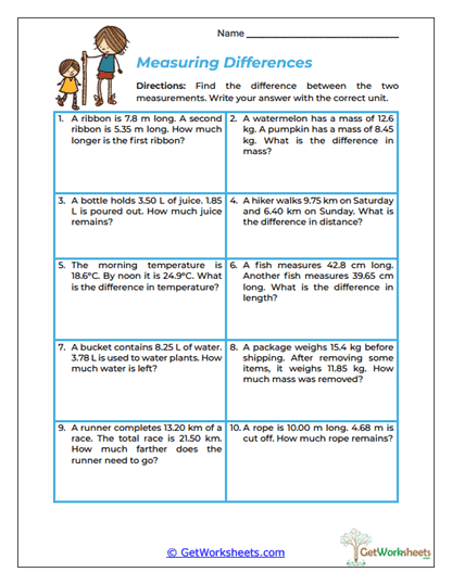 Measuring Differences Worksheet