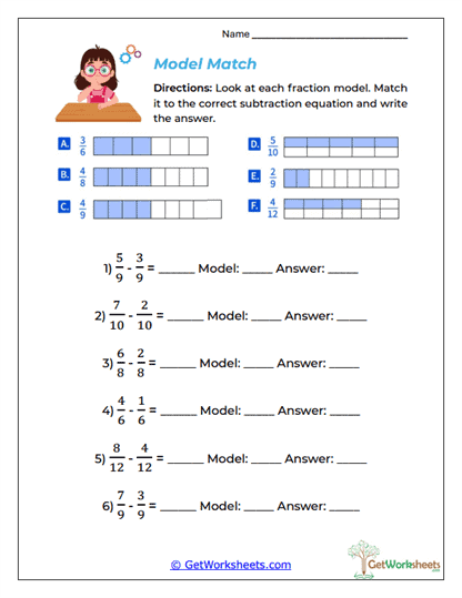 Subtracting Fractions (Like Denominators) Worksheets