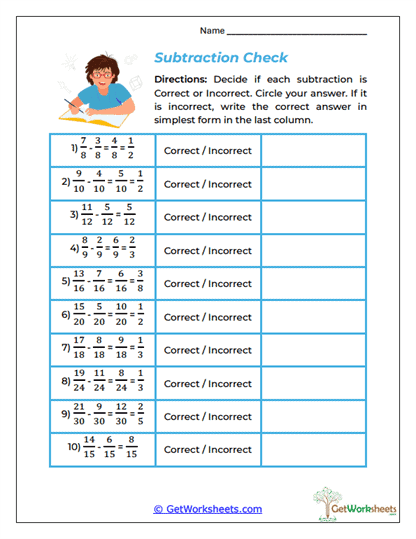Subtraction Check Worksheet