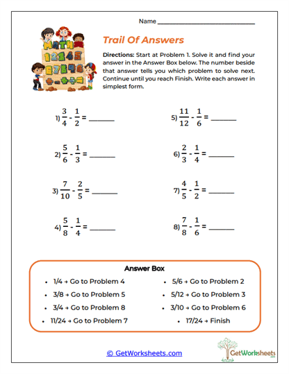 Subtracting Fractions (Unlike Denominators) Worksheets