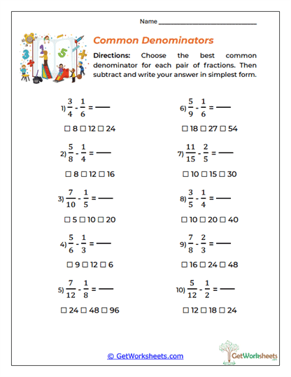 Common Denominators Worksheet