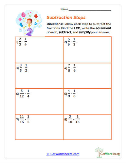 Subtraction Steps Worksheet