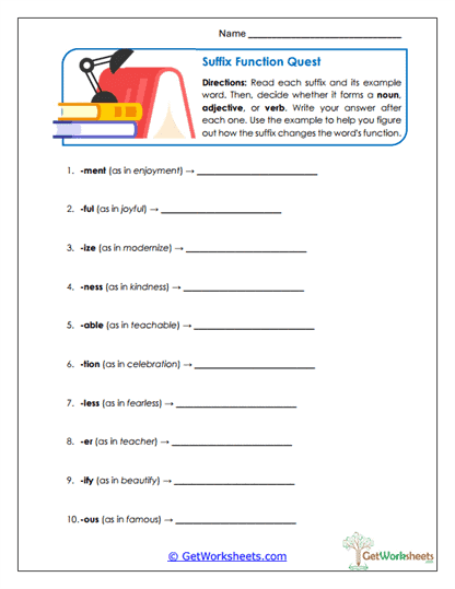 Suffix Function Quest Worksheet