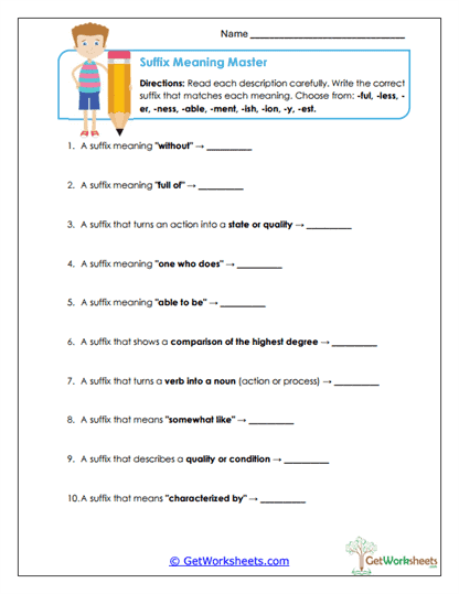 Suffix Meaning Master Worksheet