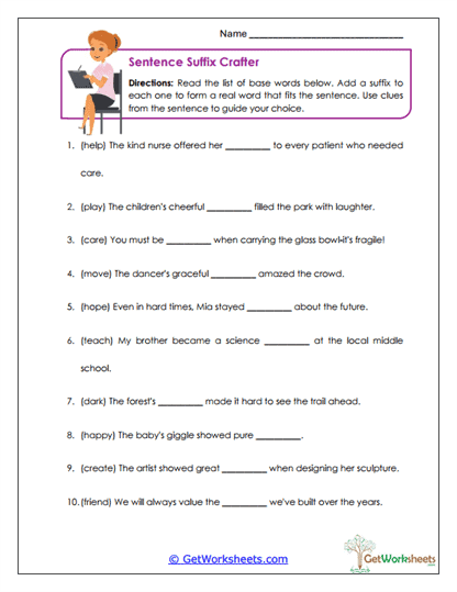 Sentence Suffix Crafter Worksheet