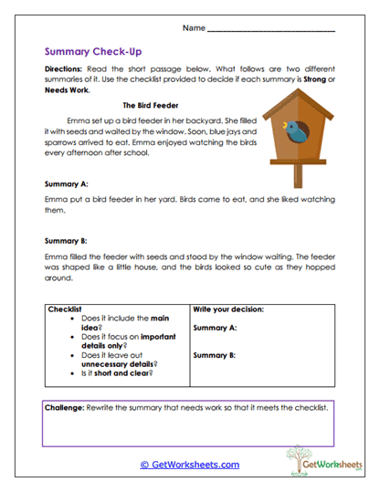 Summary Check-Up Worksheet