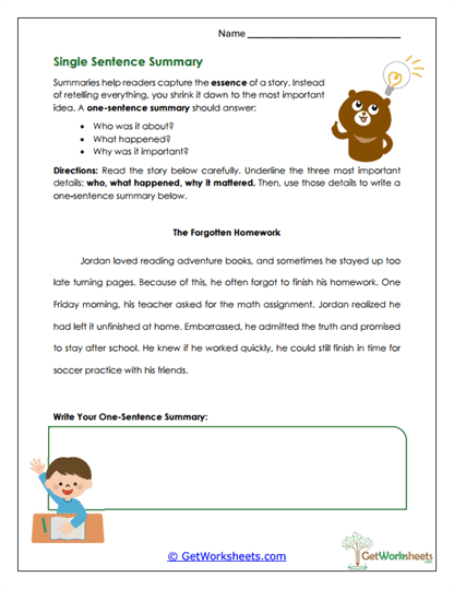 Single Sentence Summary Worksheet