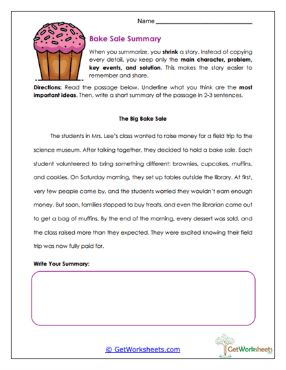 Bake Sale Summary Worksheet