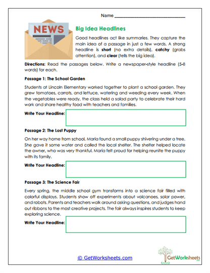Big Idea Headlines Worksheet