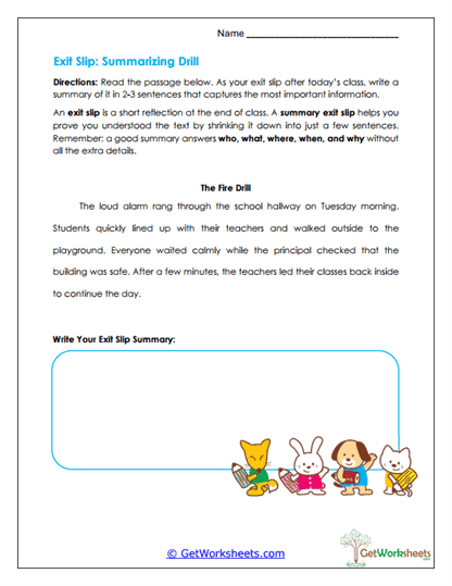 Exit Slip Summarizing Drill Worksheet