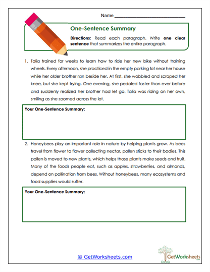One-Sentence Summary Worksheet