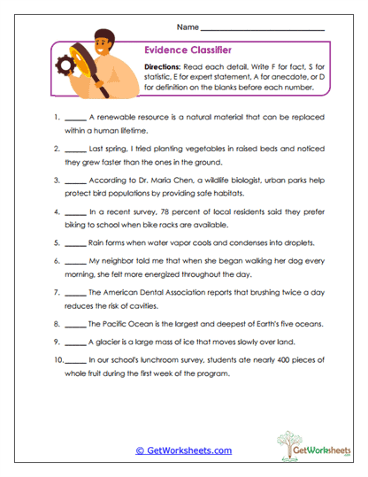 Evidence Classifier Worksheet