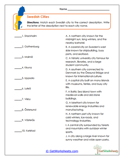 Swedish Cities Worksheet
