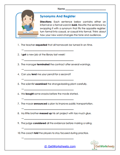 Synonyms and Register Worksheet