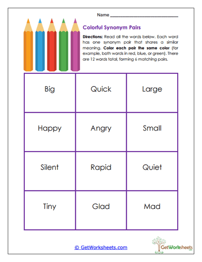 Colorful Synonym Pairs Worksheet