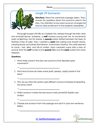 Jungle of Synonyms Worksheet