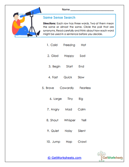 Same Sense Search Worksheet