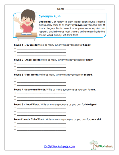 Synonym Rush Worksheet