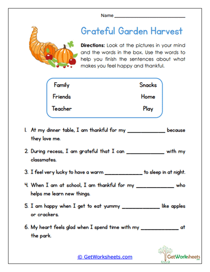 Grateful Garden Harvest Worksheet