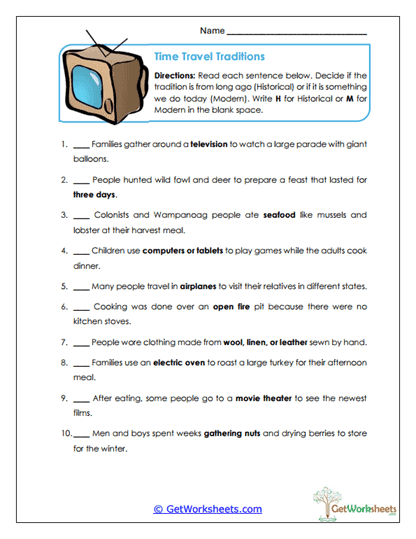 Time Travel Traditions Worksheet