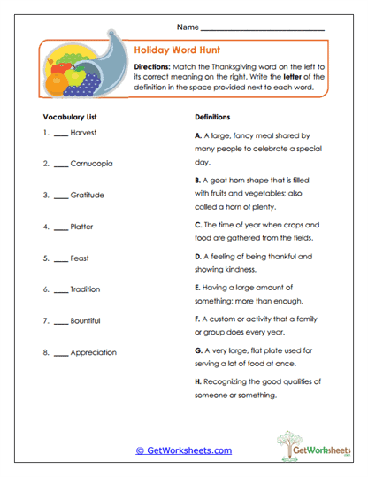 Holiday Word Hunt Worksheet