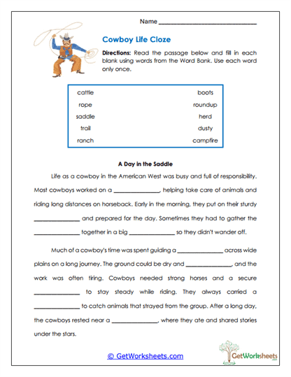 Cowboy Cloze Worksheet