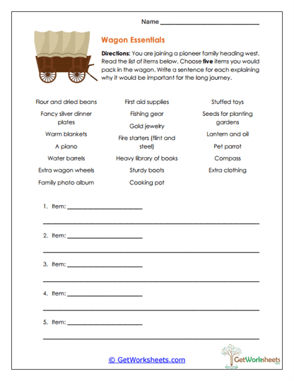 Pioneer Packing Worksheet