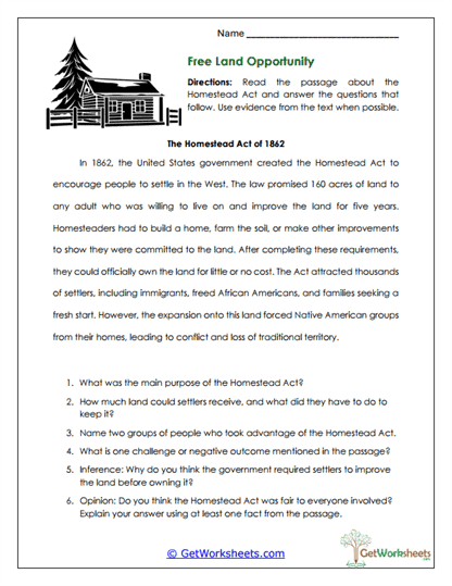 Homestead Act Reading Worksheet
