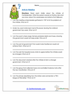 Articles Riddles Worksheet - Early Government Puzzle Review