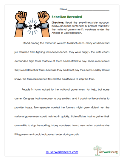 Shays' Rebellion Reading Worksheet