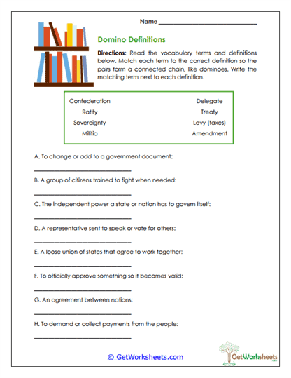 Domino Vocabulary Worksheet