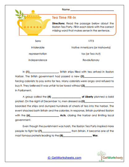 Boston Tea Party Worksheets