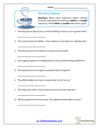 Patriot or Loyalist Worksheet