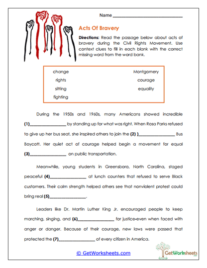 Bravery Cloze Worksheet
