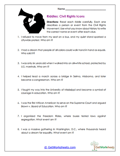 Civil Rights Riddles Worksheet