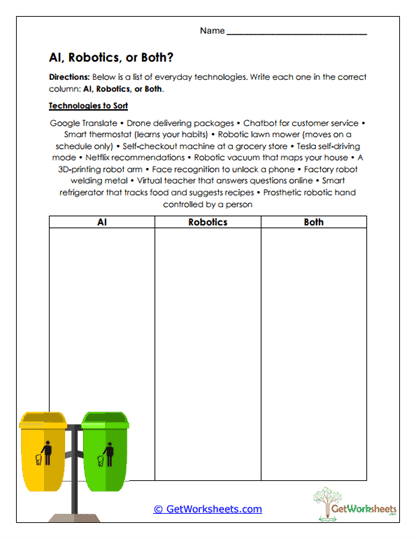 AI-Robotics Sorting Chart Worksheet