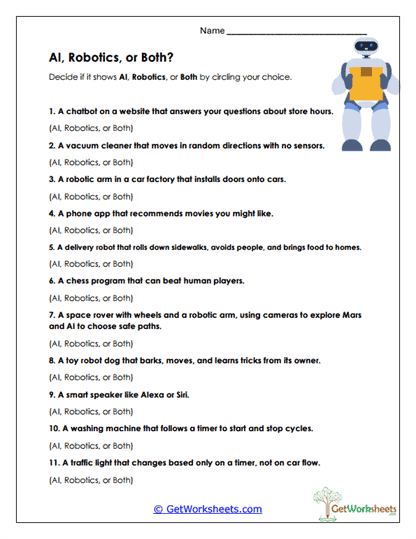 AI, Robotics, or Both? Worksheet