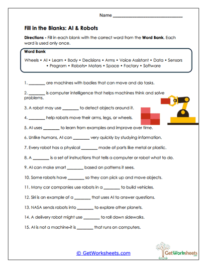 AI & Robots Fill-in-the-Blanks Worksheet