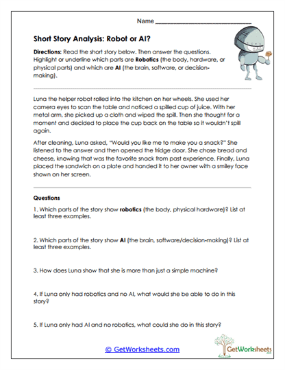 Robot or AI Story Analysis Worksheet
