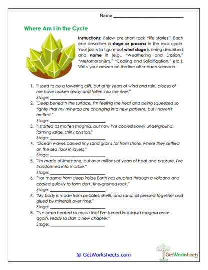Rock Cycle Stage Identification Worksheet