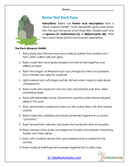 Rock Type Identification Worksheet