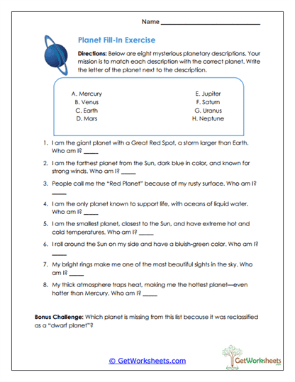 Planet Fill-In Exercise Worksheet