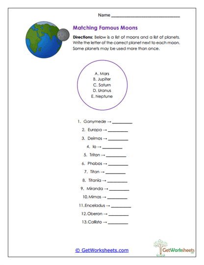 Matching Famous Moons Worksheet