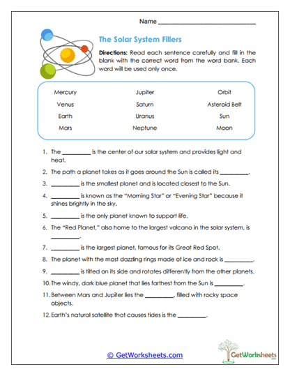 Solar System Fillers Worksheet