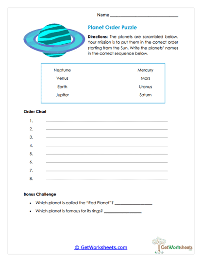 Planet Order Puzzle Worksheet